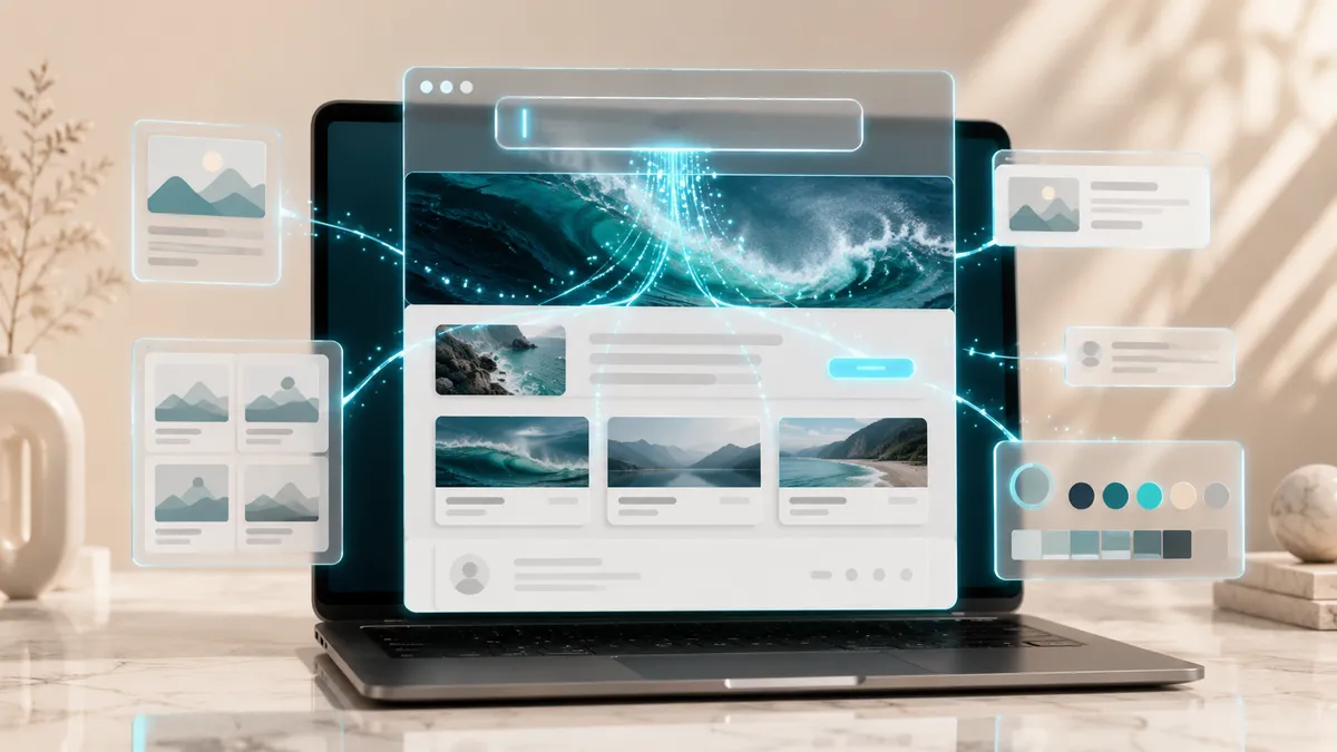 Ein KI-Website-Baukasten erzeugt aus einer Texteingabe automatisch eine Website mit Wellen-Hero, Bildkacheln und Farbpalette.