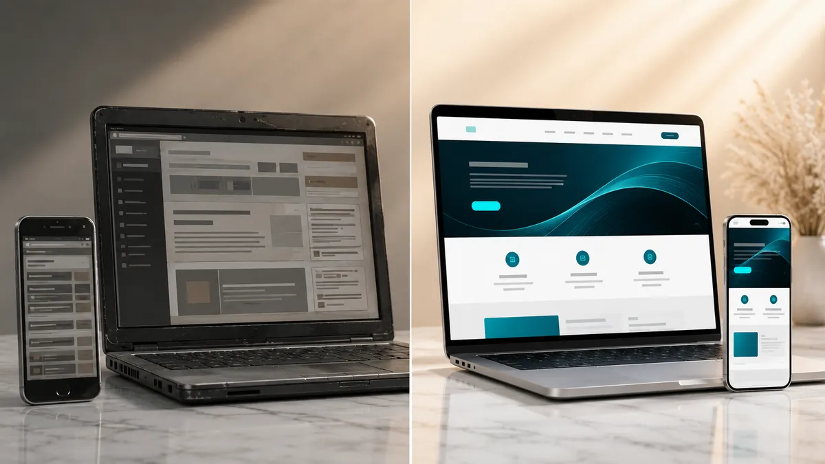 Vorher-Nachher-Vergleich zweier Websites nebeneinander: links ein altes, dunkles Notebook und ein veraltetes Smartphone mit überladener, grauer Seite, rechts ein modernes Silber-Notebook und Smartphone mit aufgeräumter, schneller Website in Petrol und Türkis.