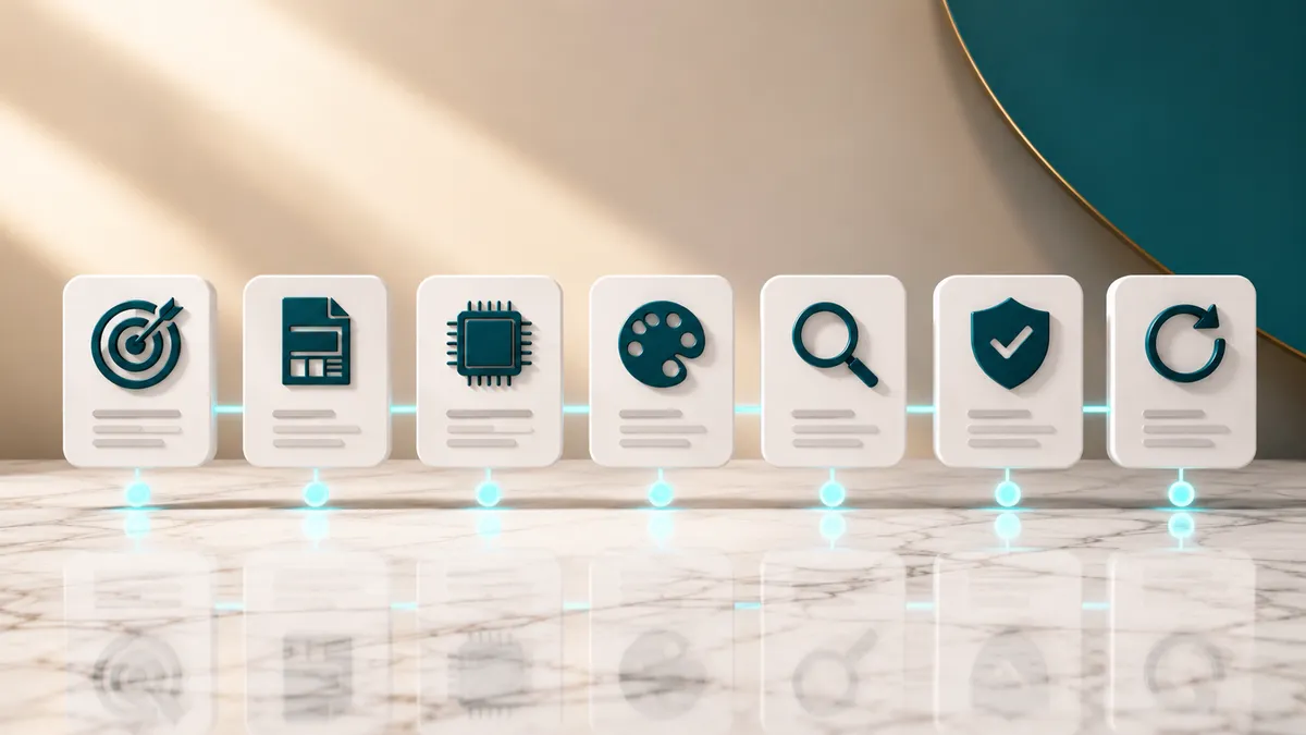 Sieben weiße Karten als Zeitstrahl mit Petrol-Icons für die Planungsschritte einer zukunftssicheren Website: Zielscheibe, Dokument, Mikrochip, Farbpalette, Lupe, Schild mit Haken und Pfeil im Kreis.