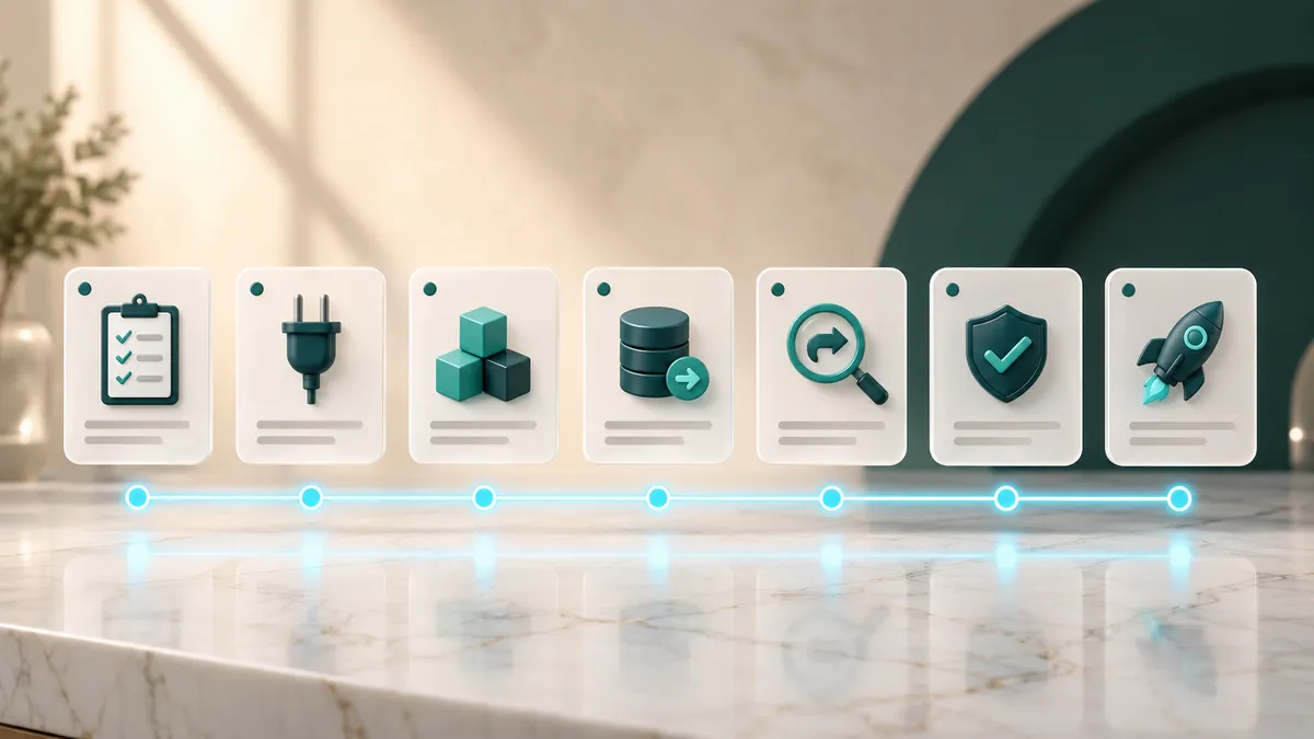 Sieben Karten als Zeitstrahl einer Shopware-6-Migration, verbunden durch eine leuchtende Linie: Checkliste (Inventur), Stecker (Plugins), Bausteine (Aufbau), Datenbank mit Pfeil (Datenumzug), Lupe mit Pfeil (SEO-Weiterleitungen), Schild mit Haken (Test) und Rakete (Go-Live).