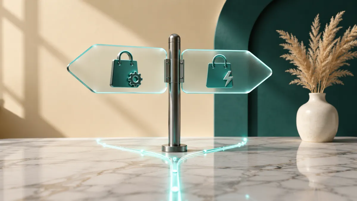 3D-Wegweiser auf Marmor mit zwei Schildern in entgegengesetzte Richtungen, links eine Einkaufstasche mit Zahnrad für Flexibilität, rechts eine Einkaufstasche mit Blitz für Tempo, als Sinnbild für die Entscheidung zwischen Shopware und Shopify.