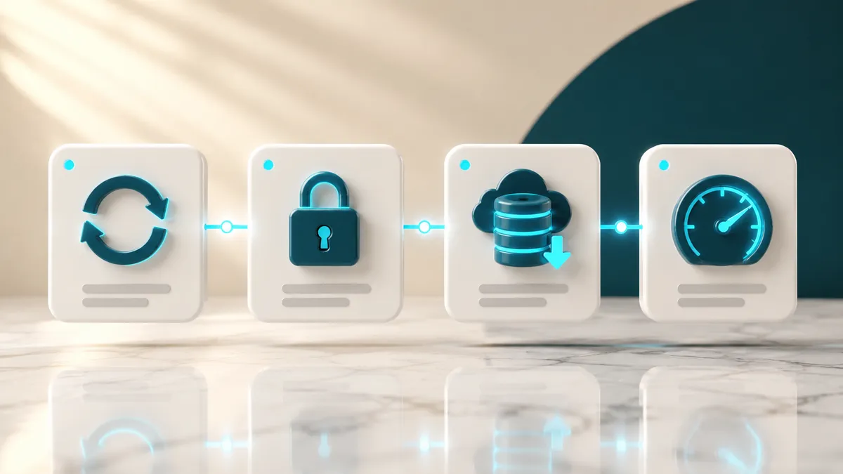Vier Symbolkarten zeigen die wichtigsten Aufgaben der Shopware Wartung: Update-Pfeile, ein Schloss für Sicherheit, ein Cloud-Backup und eine Tempo-Anzeige.
