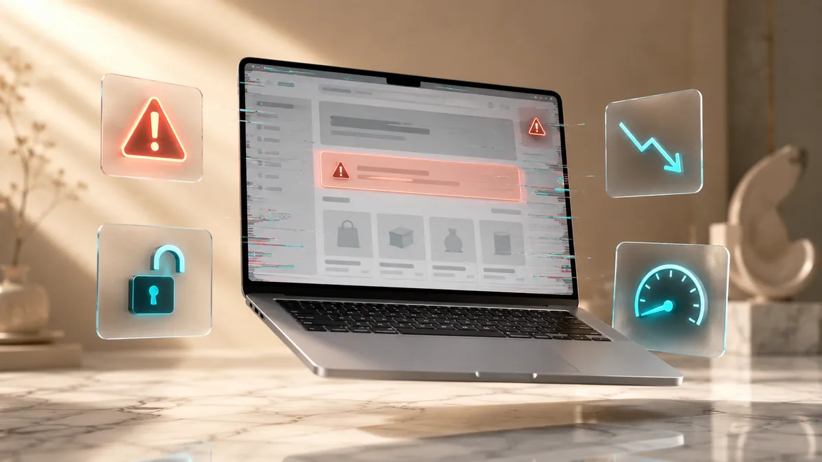 Laptop mit einem gestörten Onlineshop und Warnsymbolen: rotes Warndreieck, offenes Schloss, fallender Umsatzpfeil und langsame Tempo-Anzeige als Folgen fehlender Shopware-Wartung.