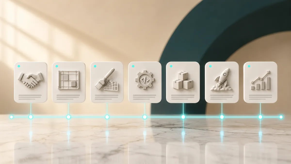 Ablauf eines Shopware-6-Projekts als Zeitstrahl mit sieben Phasen von der Strategie bis zum Go-Live