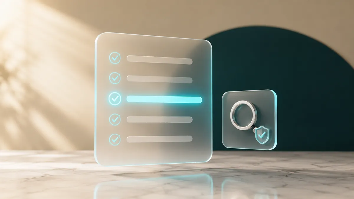 Checkliste zur Auswahl der richtigen Shopware-Agentur mit abgehakten Kriterien, Lupe und Prüfsiegel