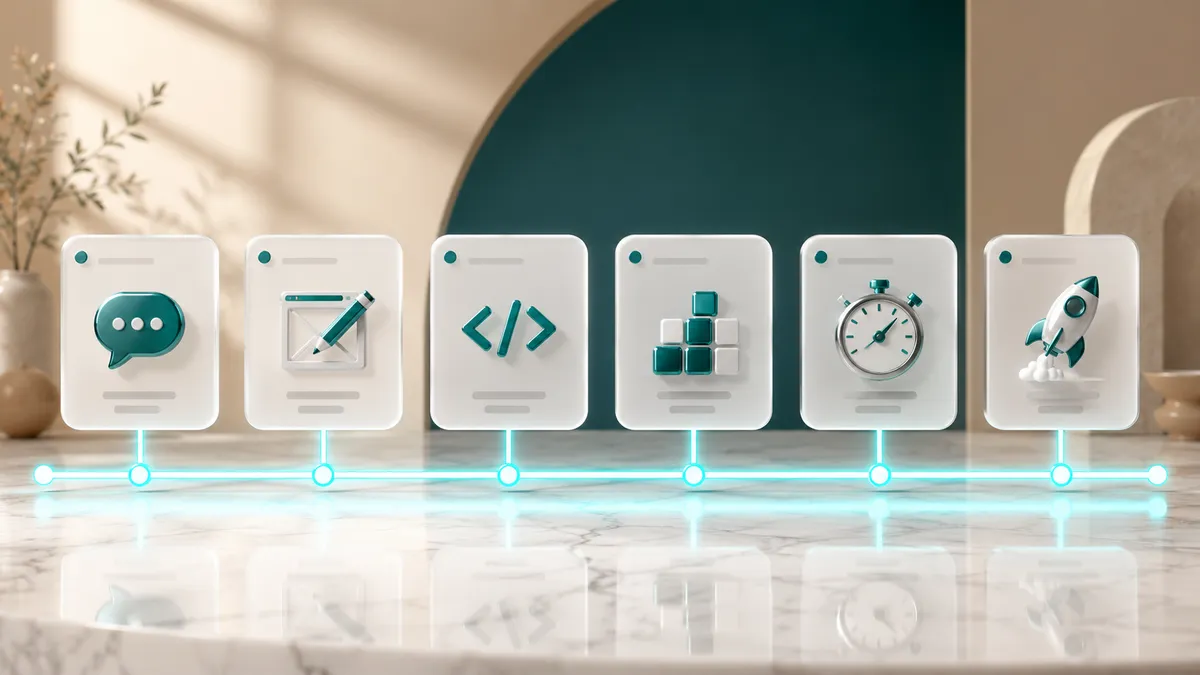 Ablauf beim Shopware Theme erstellen lassen als Zeitstrahl: vom Kennenlernen über Konzept und Screendesign, Theme-Entwicklung und Inhalte bis zu Test, Performance und Go-Live
