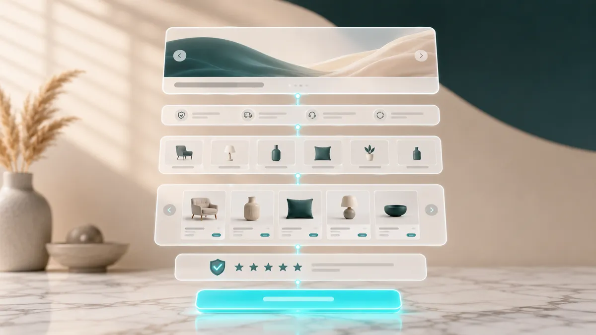 Idealer Aufbau einer Shopware Startseite von oben nach unten: Hero mit Slider, Vorteile-Leiste, Kategorien, Bestseller-Slider, Bewertungen und ein klarer Call-to-Action-Button