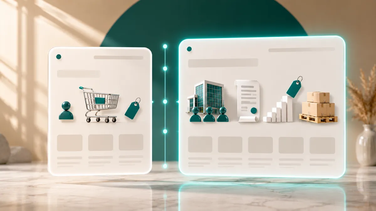 B2B-Onlineshop und B2C-Onlineshop im Vergleich: links Privatkunde mit Warenkorb und Einheitspreis, rechts Firmenkonto mit mehreren Nutzern, Rechnung, Staffelpreisen und Palette