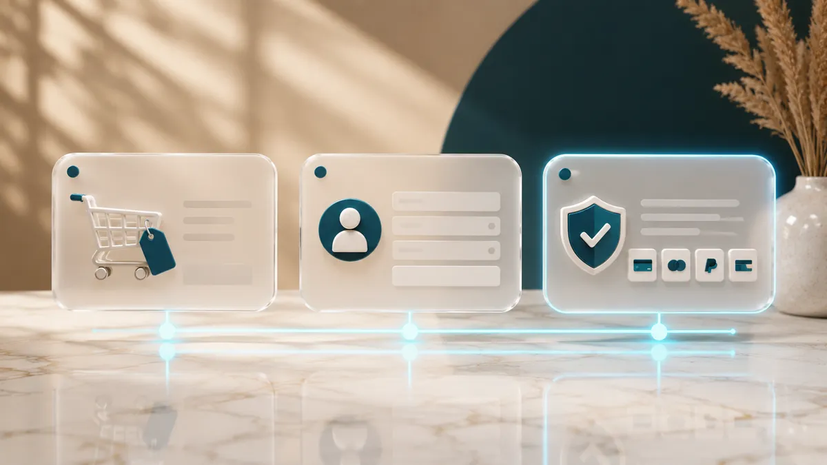 Ein optimierter Checkout in drei Schritten: Warenkorb mit transparenten Versandkosten, Gastbestellung mit wenigen Feldern und beliebte Zahlarten mit Vertrauenssiegeln