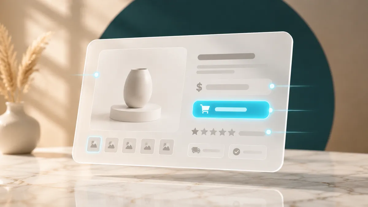 Aufbau einer guten Produktseite: großes Produktbild, klarer Titel, sichtbarer Preis, deutlicher Kauf-Button, Bewertungen und Hinweise zu Versand und Verfügbarkeit