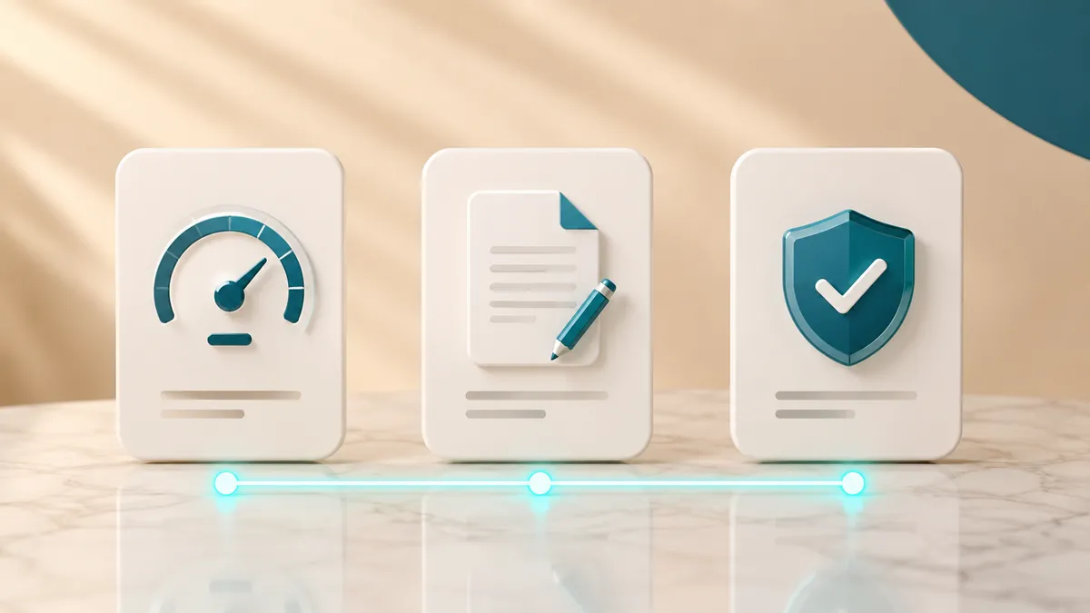 Die drei Säulen von Shopware SEO als Symbole: ein Tacho für schnelle Technik, ein Dokument mit Stift für gute Inhalte und ein Schild für Vertrauen.