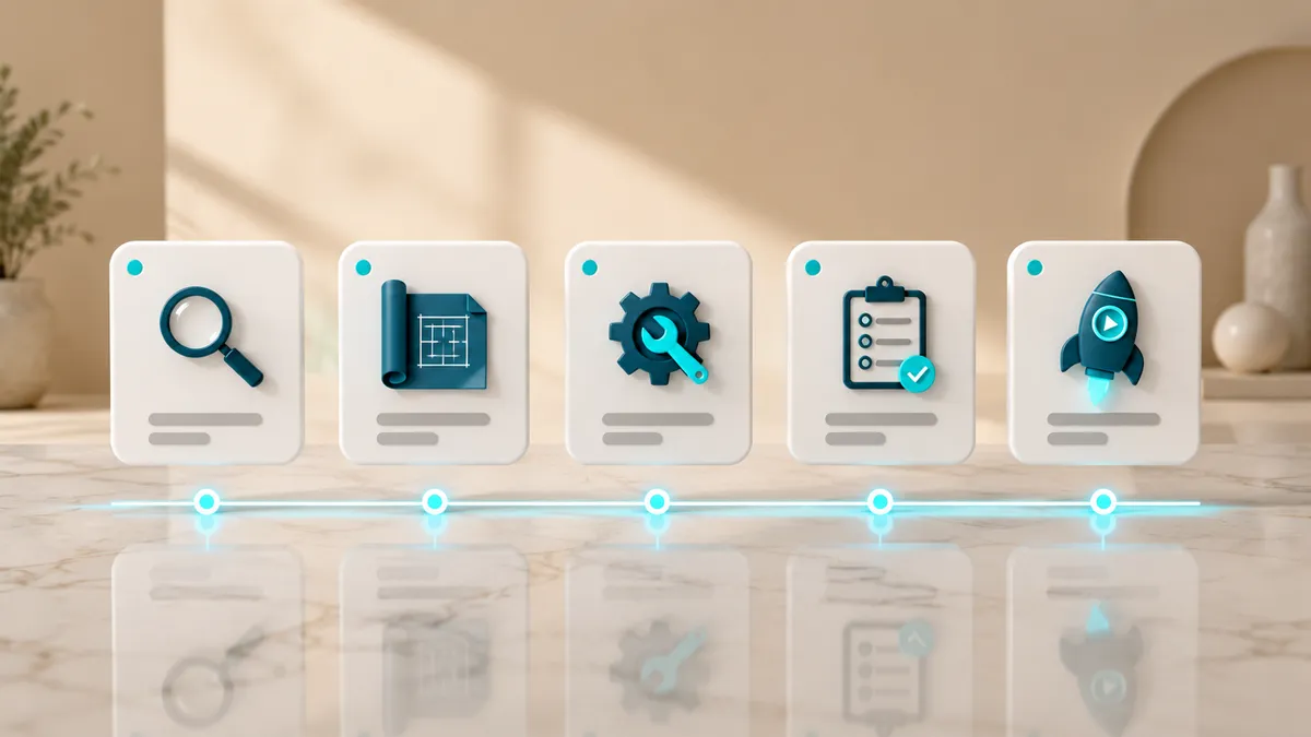 Ablauf eines Shopware-ERP-Anbindungsprojekts in fünf Schritten: Bestandsaufnahme, Konzept, Einrichtung, Test mit Beispieldaten und Start mit Beobachtung