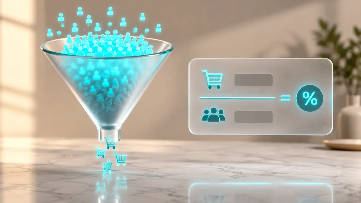 Conversion-Trichter im Onlineshop: viele Besucher gelangen oben hinein, nur wenige werden zu Käufern, daneben die Formel Käufe geteilt durch Besucher ergibt die Conversion Rate