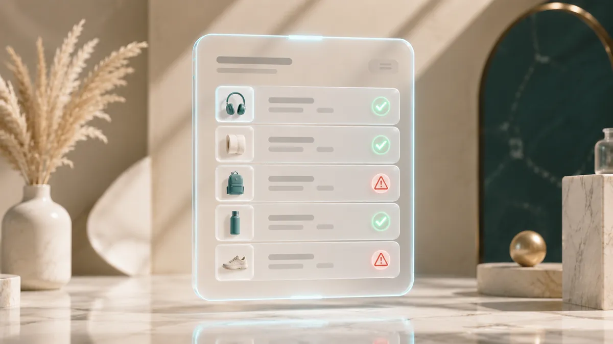 Produktliste im Google Merchant Center mit grünen Häkchen für freigegebene und roten Warnhinweisen für abgelehnte Produkte