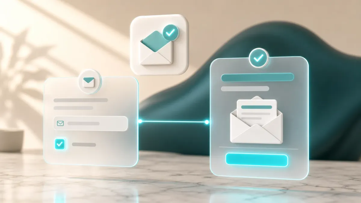 Newsletter-Anmeldeformular mit E-Mail-Feld und Einwilligungs-Häkchen neben einer Double-Opt-In-Bestätigungsmail mit Bestätigen-Knopf