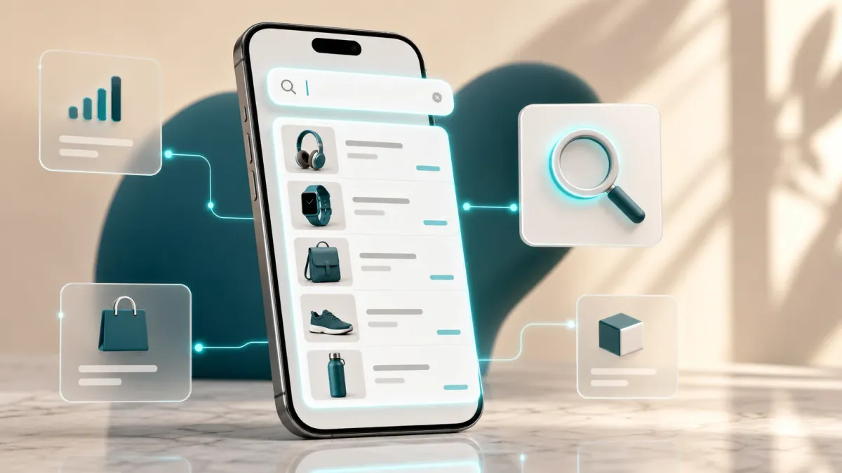 Live-Suche auf einem Smartphone: während des Tippens erscheinen sofort passende Produkte mit kleinem Bild, Name und Preis