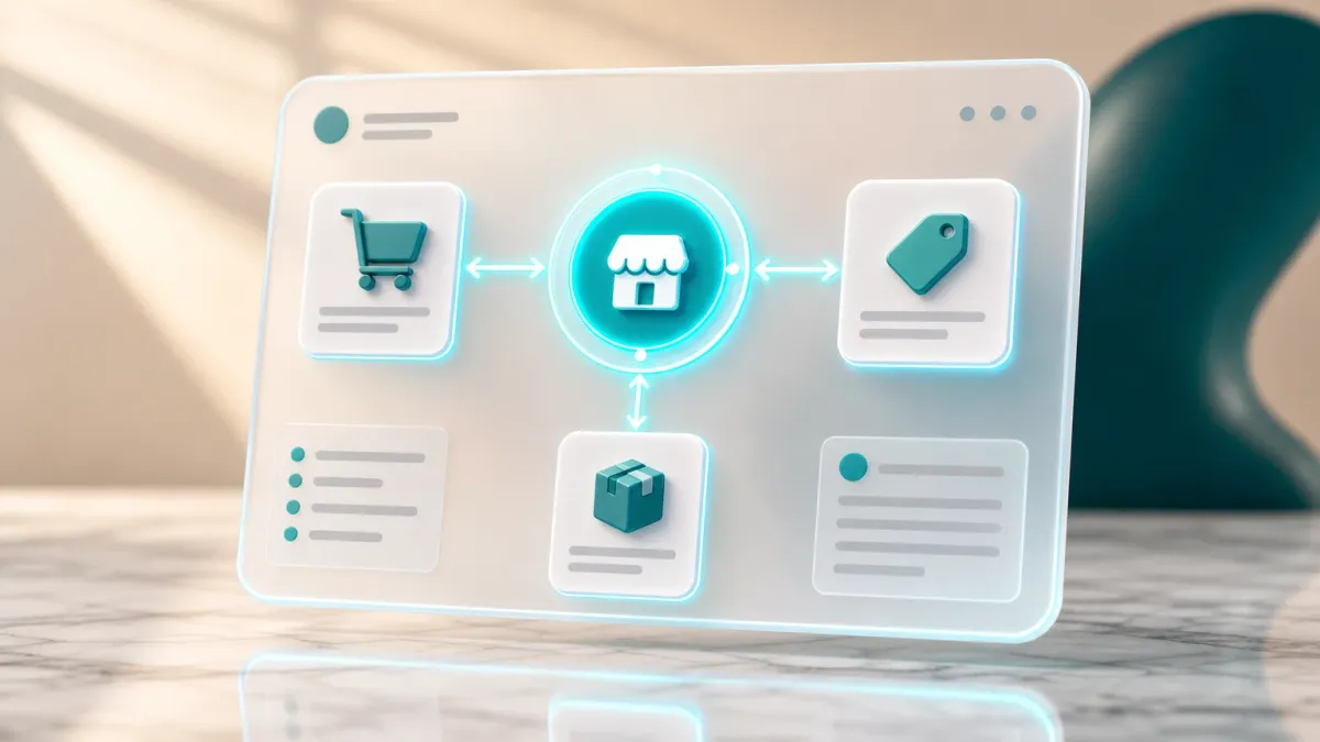 Drei Marktplatz-Icons (Einkaufswagen, Preisschild, Paket) rund um ein zentrales Sync-Symbol, verbunden durch leuchtende Linien