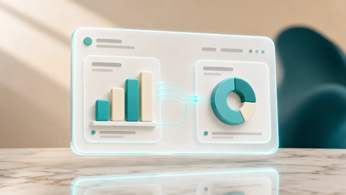 Ein Dashboard-Icon mit einem Balkendiagramm- und einem Ringdiagramm-Symbol, verbunden durch eine leuchtende Linie