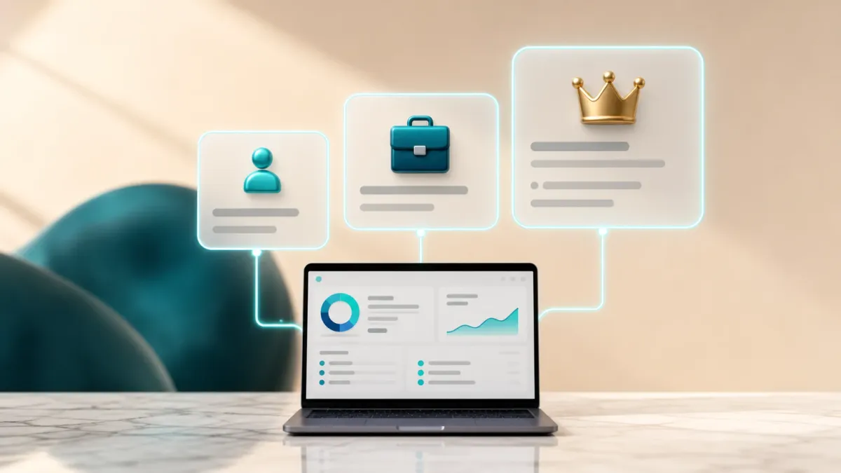 Drei ansteigend gestaffelte Karten mit Personen-, Aktenkoffer- und Kronen-Symbol, verbunden mit einem Laptop-Mockup