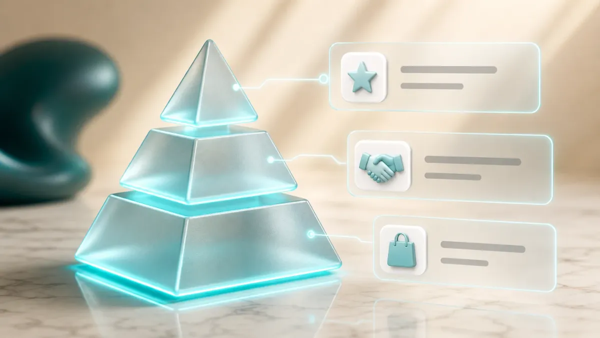 Eine dreistufige Glas-Pyramide mit Icons für Einkaufstasche, Handschlag und Stern an den einzelnen Ebenen