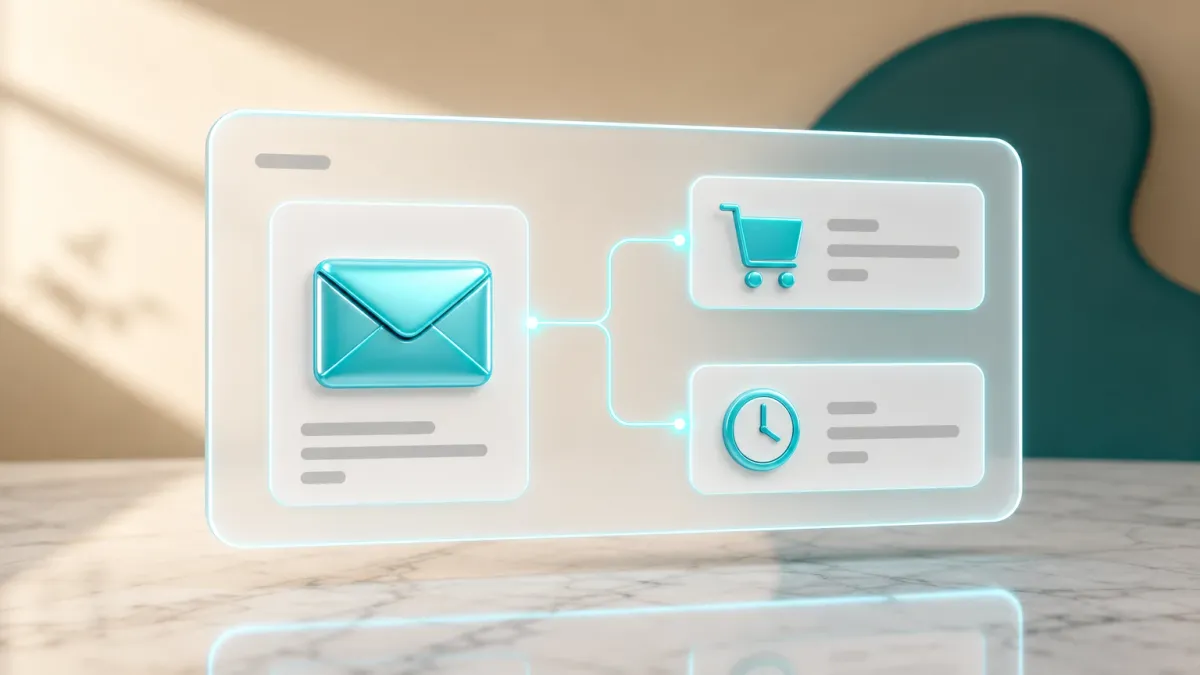 Screenshot-Mockup eines Shopware-6-Admin-Bereichs mit einer konfigurierten Cart-Recovery-E-Mail-Sequenz und Zeitverzögerungen