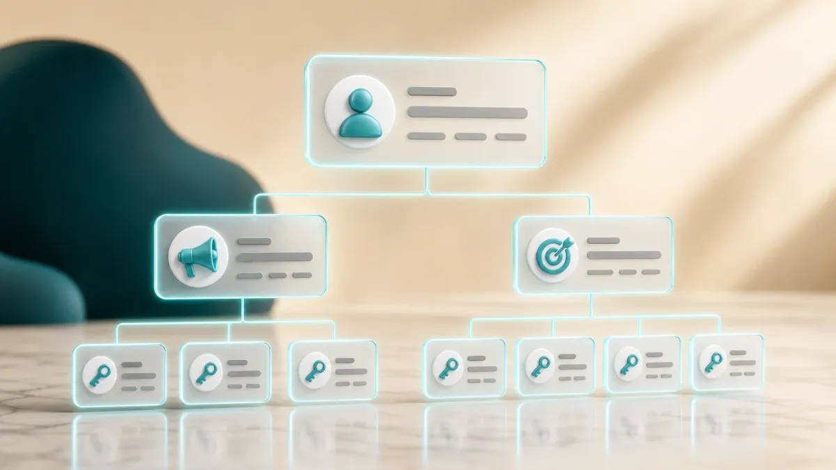 Screenshot einer Google-Ads-Kontostruktur mit Kampagne, Anzeigengruppen und Keywords in Baumansicht
