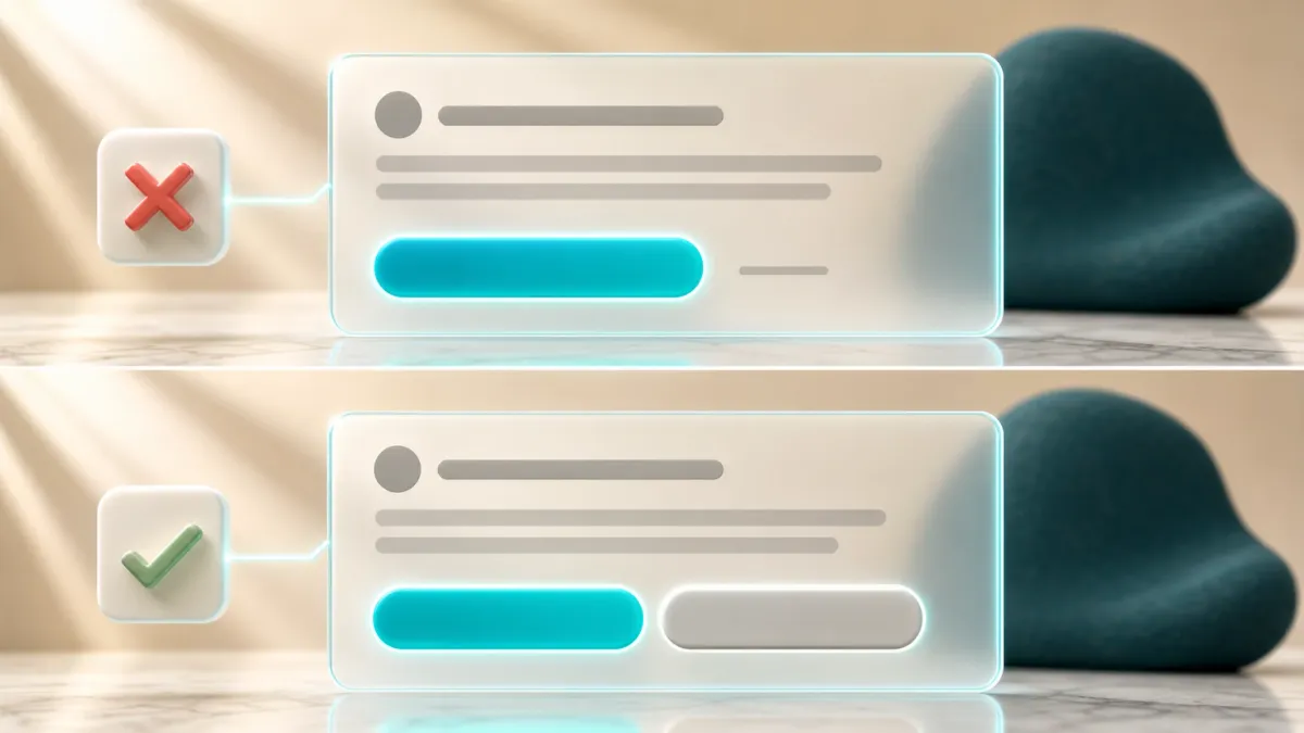Vorher-Nachher-Vergleich eines Cookie-Banners: links ein Negativbeispiel mit versteckt platziertem Ablehnen-Link, rechts ein korrektes Beispiel mit zwei gleich großen Buttons