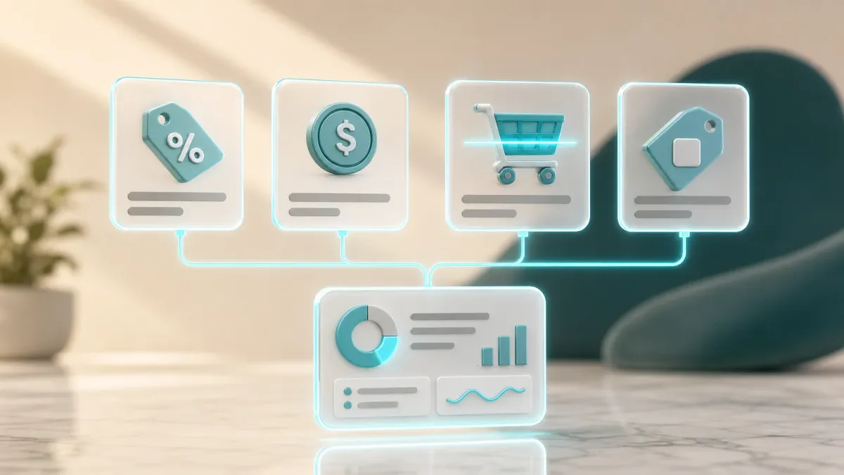 Vier Icon-Karten fuer verschiedene Rabattarten in Shopware 6: Prozent-Rabatt, Festbetrag-Rabatt, Warenkorbwert-Schwelle und Kategorie-Rabatt