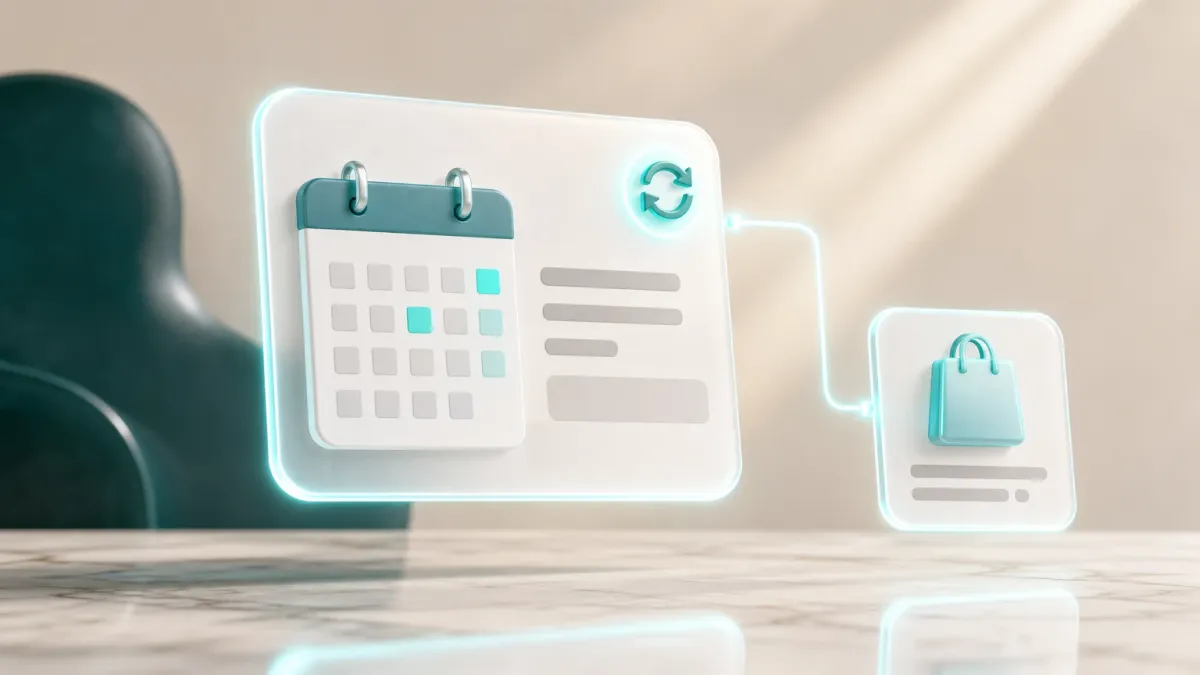 3D-Illustration eines Kalenders mit wiederkehrendem Update-Symbol, symbolisiert einen geplanten Update-Rhythmus