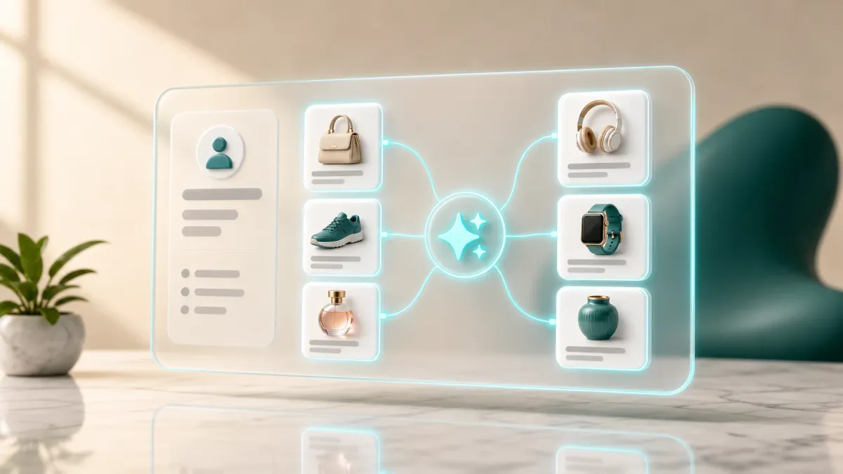 3D-Illustration eines Dashboards mit vernetzten Produkt-Icons, symbolisiert personalisierte Produktempfehlungen