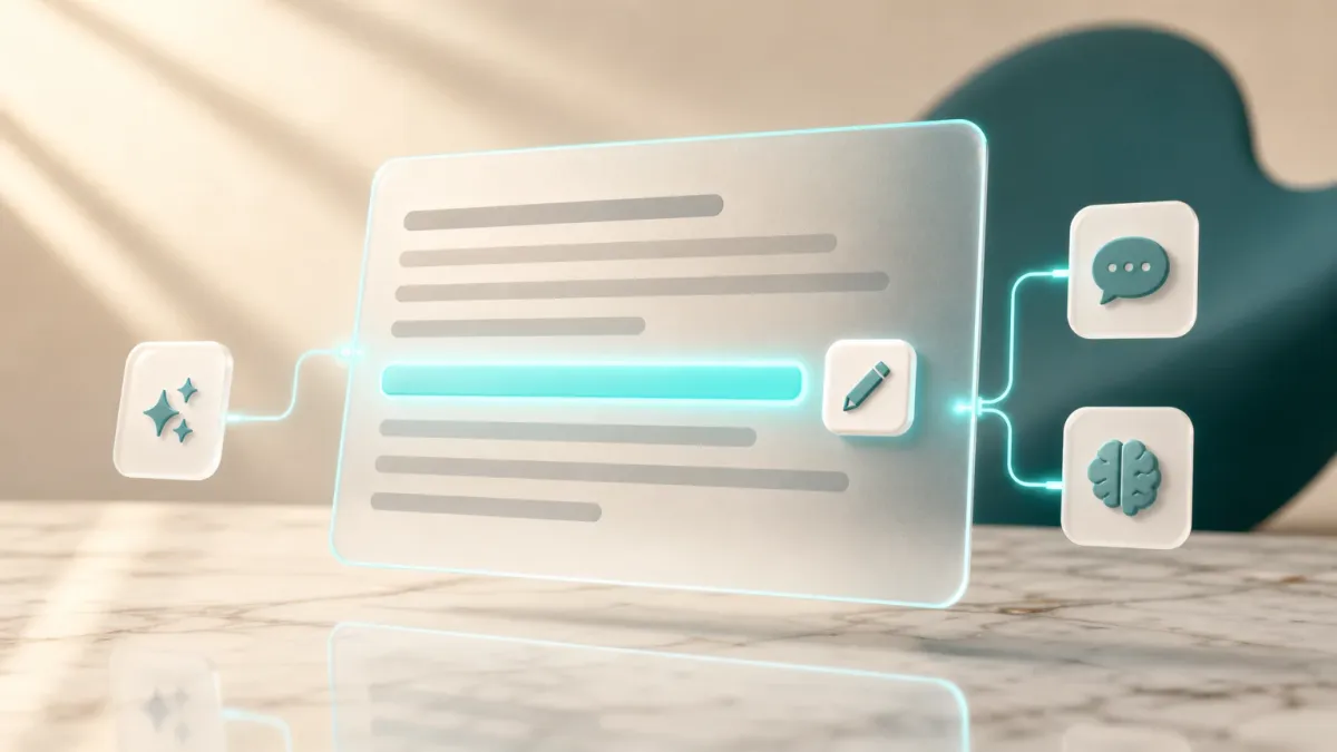 3D-Illustration eines Textentwurfs mit einer hervorgehobenen Zeile und einem Stift-Icon, symbolisiert die redaktionelle Ueberarbeitung von KI-Texten