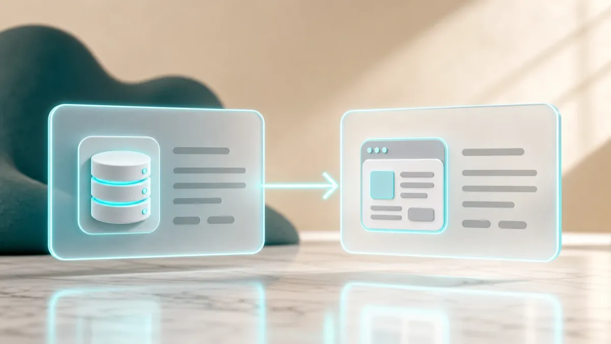 3D-Illustration einer Datenbank-Karte und einer Browser-Karte, verbunden durch einen Pfeil, symbolisiert die Schnittstelle zwischen Headless-CMS und Frontend