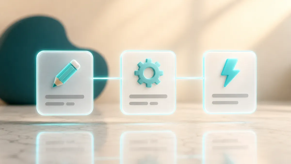 3D-Illustration von drei verbundenen Karten fuer Redaktion, Build-Prozess und fertige Website
