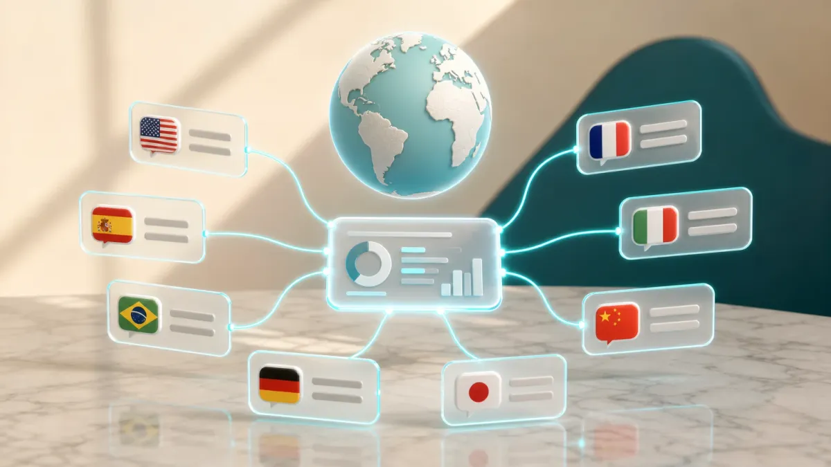 3D-Illustration eines Globus-Icons umgeben von mehreren Sprach-Flaggen-Karten, verbunden mit einem zentralen Dashboard, symbolisiert mehrere Sales Channels pro Sprache