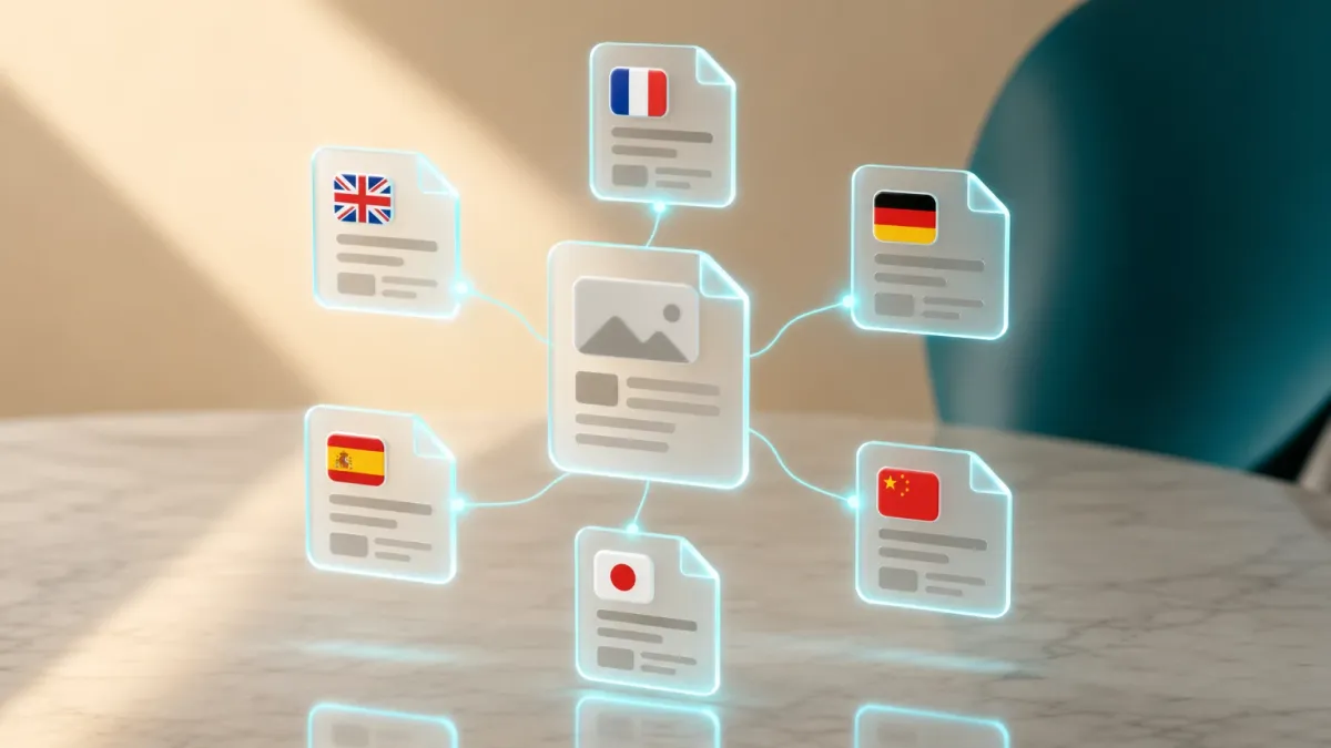 3D-Illustration mehrerer verbundener Seiten-Karten in einem Kreis, symbolisiert hreflang-Verknuepfungen zwischen Sprachversionen