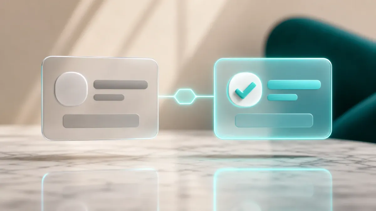3D-Illustration von zwei Buttons nebeneinander, einer neutral grau, einer leuchtend tuerkis mit Haekchen-Icon, symbolisiert einen A/B-Vergleich