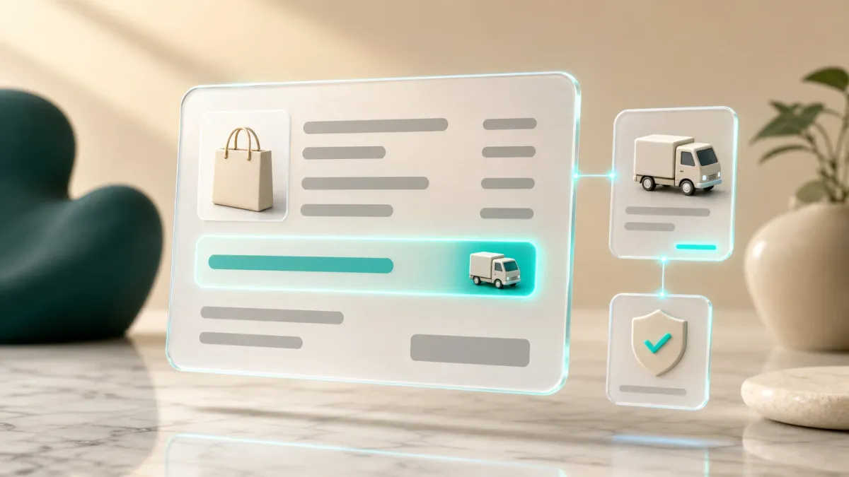 3D-Illustration eines Checkout-Fensters mit hervorgehobener Versandkosten-Zeile und einem Lieferwagen-Icon