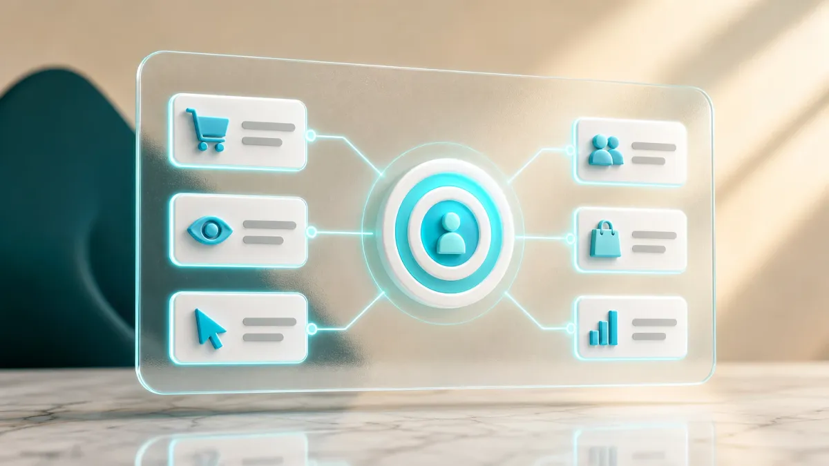 3D-Illustration eines Dashboards mit vernetzten Zielgruppen-Kacheln, verbunden mit einem zentralen Zielscheiben-Icon