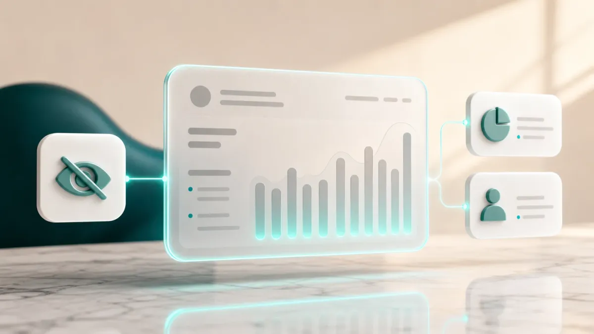 3D-Illustration eines Analyse-Dashboards mit Besucher-Balken und einem durchgestrichenen Augen-Icon, symbolisiert datenschutzfreundliche Webanalyse