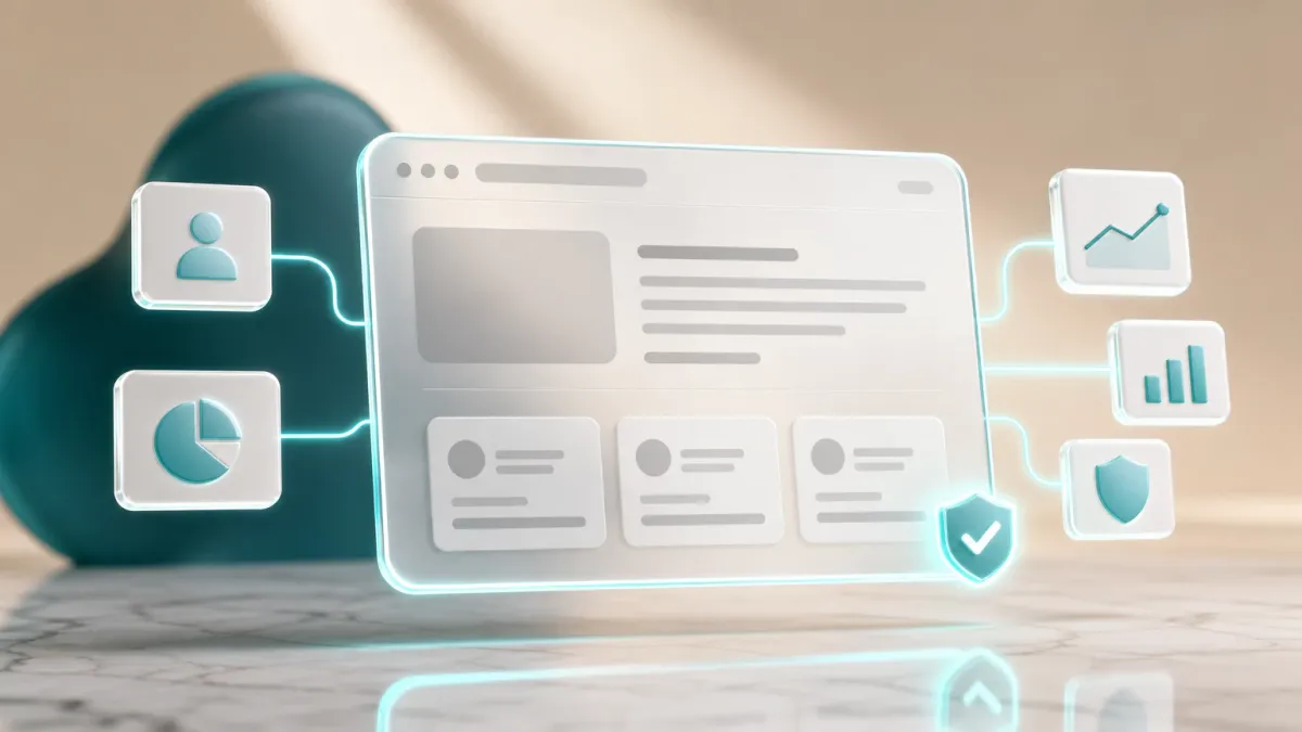3D-Illustration eines Browserfensters mit sauberer Seitenansicht ohne Cookie-Popup, mit einem leuchtenden Schutzschild-Haekchen-Icon