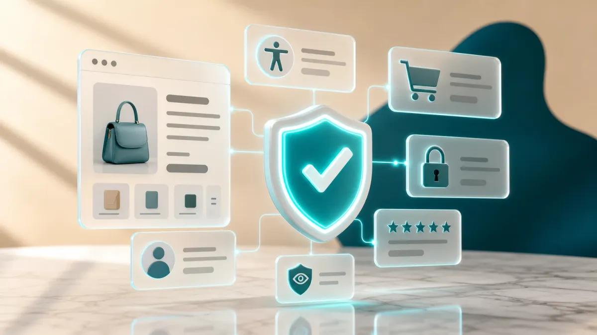 3D-Illustration eines leuchtenden Schutzschild-Haekchen-Icons umgeben von Webseiten-Karten mit gut lesbaren, kontraststarken Textbalken, symbolisiert einen barrierefreien Onlineshop
