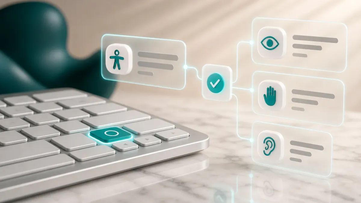 3D-Illustration einer minimalistischen Tastatur mit einer leuchtend tuerkisen Taste und einem sichtbaren Fokus-Ring, symbolisiert Tastaturbedienbarkeit