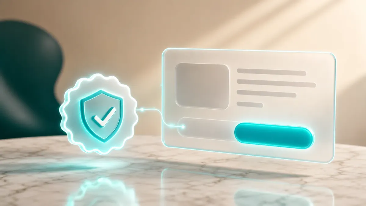 3D-Illustration eines leuchtend tuerkisen Gütesiegel-Icons direkt neben einer Karte mit einem hervorgehobenen Kaufbutton, symbolisiert ein Vertrauenssiegel in Kaufnaehe