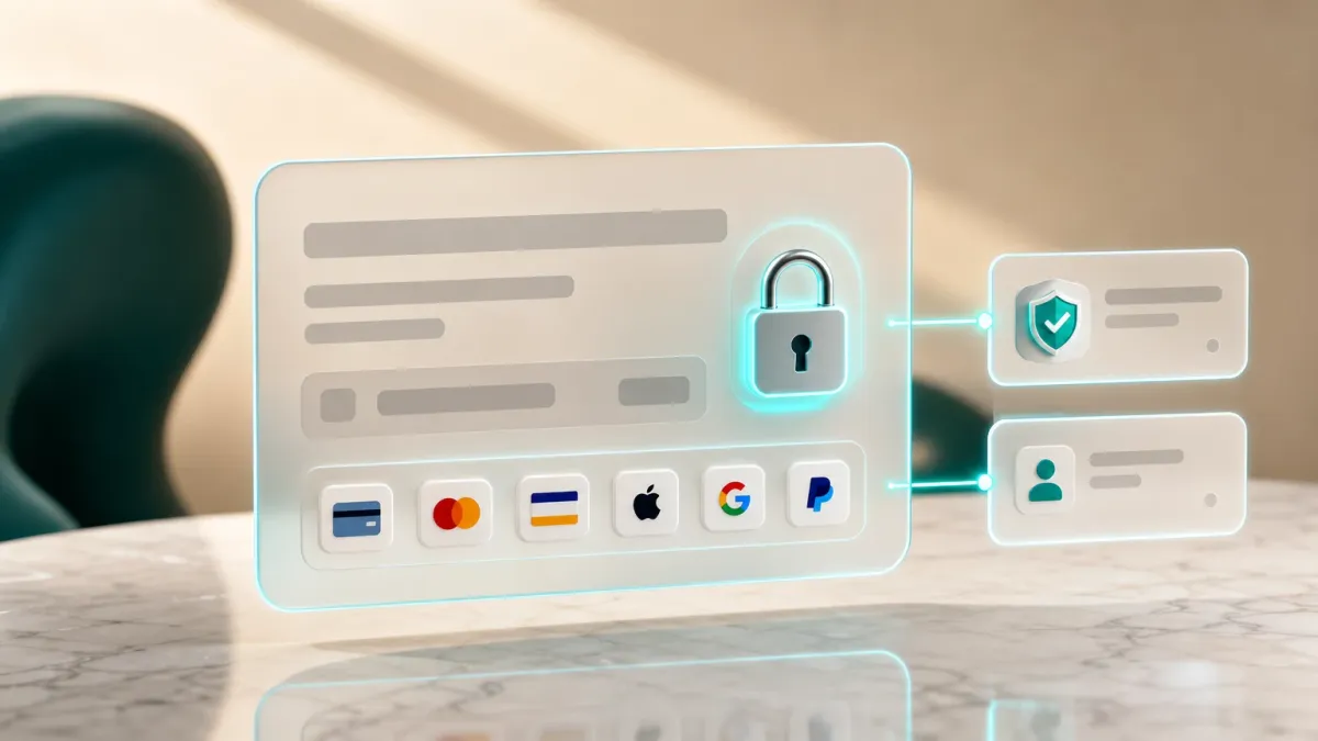 3D-Illustration eines Checkout-Fensters mit mehreren Zahlungsarten-Icons und einem leuchtenden Schloss-Icon, symbolisiert sichere Zahlung und Vertrauenssignale im Checkout