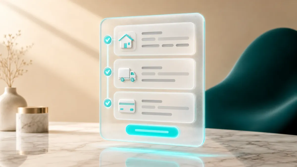 3D-Illustration eines Formulars mit drei uebereinander angeordneten Abschnitten fuer Adresse, Versand und Zahlung, jeweils mit einem leuchtenden Haekchen markiert, symbolisiert einen One-Page-Checkout
