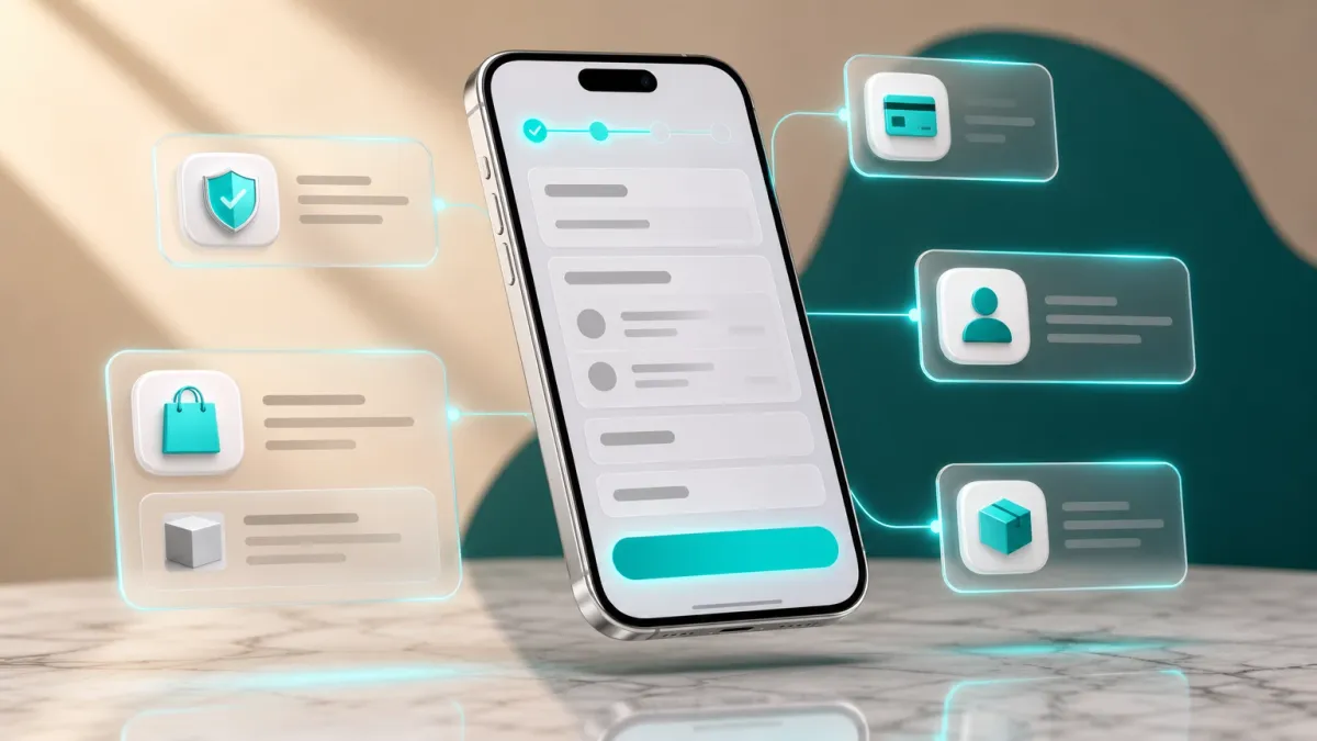 3D-Illustration eines Smartphones mit mobilem Checkout-Bildschirm und einem leuchtenden Fortschrittsbalken oben, symbolisiert einen mobilen One-Page-Checkout
