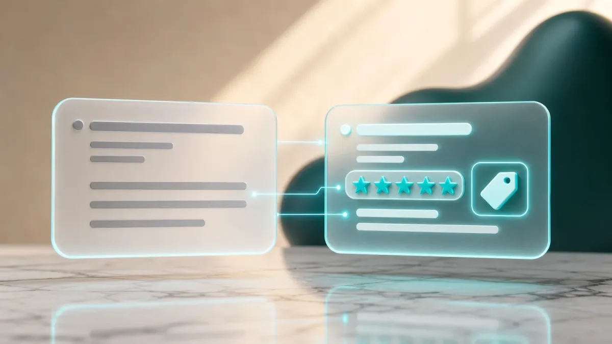3D-Illustration zweier Suchergebnis-Karten nebeneinander, eine schlicht grau, die andere leuchtend tuerkis mit Sternebewertung und Preis-Icon, symbolisiert ein Rich Snippet im Vergleich zu einem einfachen Suchergebnis