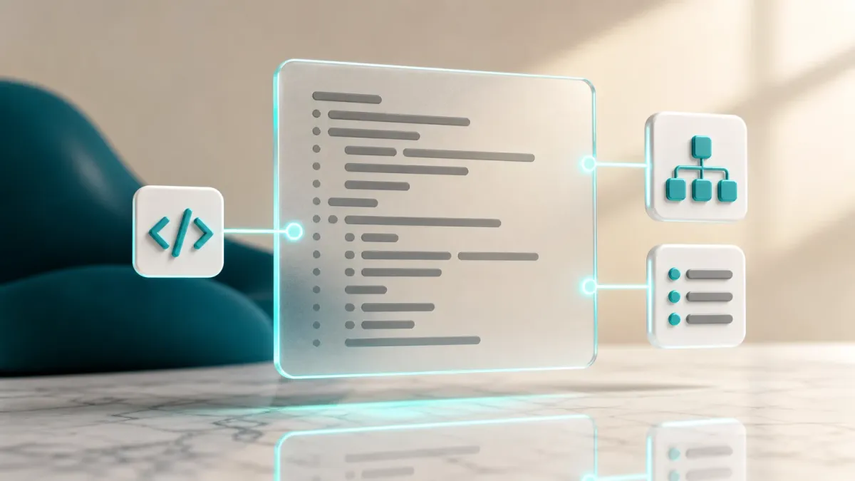 3D-Illustration eines abstrakten Code-Blocks mit einem leuchtenden Klammer-Icon, symbolisiert strukturierte Daten im Hintergrund einer Seite