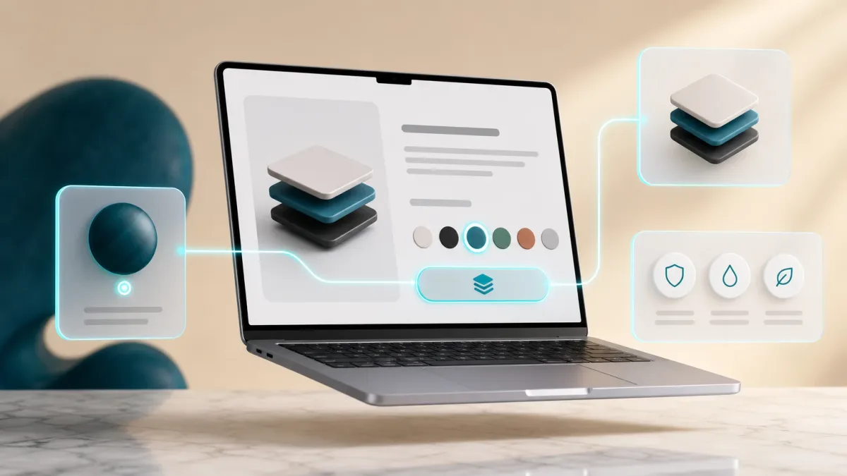 3D-Illustration eines Laptops mit abstrakter Produktseite, Farbmuster-Icons und einem leuchtenden Variantenauswahl-Icon