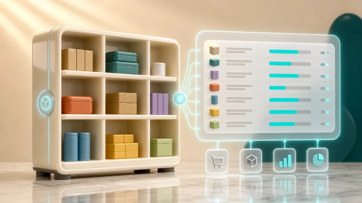 3D-Illustration eines Lagerregals mit abstrakten Paketsymbolen in verschiedenen Farben und Groessen neben einem digitalen Bestands-Dashboard